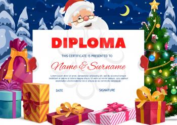 Kids preschool diploma with Santa Claus and gifts. Cartoon vector Christmas certificate template with Xmas presents and sack stand at christmas tree with gift boxes on snow. Santa hold a diploma