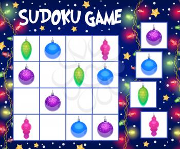 Sudoku game with Christmas balls vector template of children education. Logic puzzle, riddle or rebus with cartoon background frame of Xmas winter holiday bauble ornaments, snow, lights and gold stars