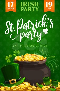 St. Patricks Day party vector flyer or poster of Irish religion holiday. Leprechaun treasure pot with gold, green clover leaves and lucky shamrock, golden coins, hat and shoes, Irish pub party design