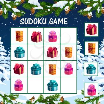 Christmas sudoku game for kids with holiday gifts boxes. Children logical maze, educational game template with wrapped in color paper and decorated with ribbon bows presents boxes cartoon vector