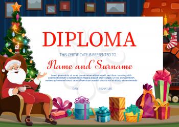 Kids christmas diploma template with Santa and gifts. Happy Santa sitting with cup of tea, holiday gifts and Christmas tree in house living room cartoon vector. Winter holidays child certificate