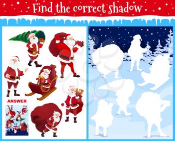 Find correct shadow kids Christmas game with Santa. Preschool or kindergarten age children logical puzzle game or maze with Santa character in sleigh, carrying sack and Christmas tree cartoon vector