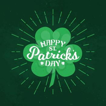 St Patrick day Irish traditional holiday shamrock clover leaf on green grunge background. Happy Saint Patrick day vector poster and greeting card with green light beams from four leaf clover shamrock