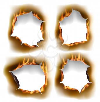 Burning holes, vector burn paper fire with realistic charred edges isolated objects. 3d flame on sheet. Burned round holes in fire flames, torn borders and ripped frames on white background