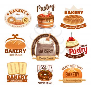 Bakery products vector labels bread, sweet desserts and pastry. Baked food cake, bagel and croissant. Bake shop, patisserie buns and bread loaf with roll, cupcake and toast with donut and rolling pin