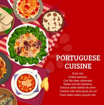 Portuguese cuisine restaurant seafood, meat meals menu cover. Fried rabbit coelho picanto frito, fish stew and cod Bacalhau, octopus salad, chicken with Piri Piri sauce and sardines, duck rice vector