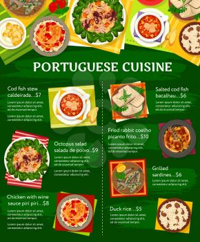 Portuguese cuisine restaurant dishes menu. Stew Caldeirada, salted cod Bacalhau and octopus salad, chicken with Piri Piri sauce, fried rabbit and sardines, duck rice vector. Portuguese meals poster