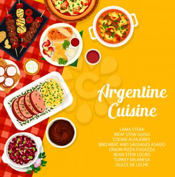 Argentine cuisine menu cover. Bbq meat and sausages Asado, meat stew Guiso and onion pizza Fugazza, Lama steak, cookie Alfajores and turkey Milanesa, bean stew Locro, Dulce de Leche