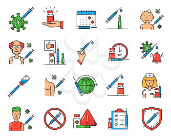 Virus vaccine and vaccination color line icons set. Coronavirus vaccine, people immunization vector icons with syringe, drug bottle and nurse, happy baby, young and old man getting vaccine injection