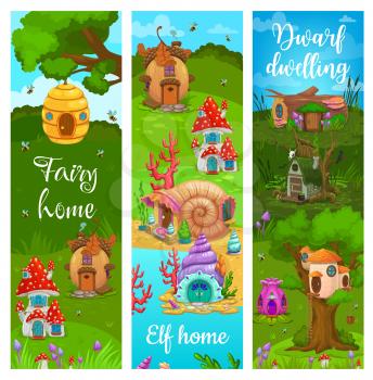 Dwarf, elf and fairy cartoon dwellings and houses. Vector banners with fantasy buildings acorn, stump, , mushroom, bee hive and tree log, snail shell or flower cute homes in forest, swamp and seaside