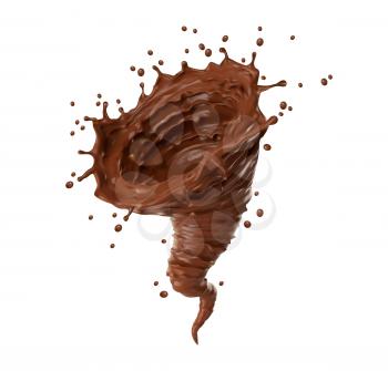 Realistic chocolate whirlwind or tornado twister with splashes, vector cocoa drink. Chocolate, coffee milk and cacao whirl swirl with spatter drops, coco cream drink and sweet syrup liquid flow wave