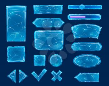 Transparent cartoon ice buttons, sliders, arrows and keys with cracks. Ice crystals game asset, user panel interface elements with play and stop, conformation and decline buttons, progress bar