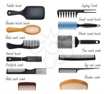 Hair combs and hairbrushes, woman fashion and haircare vector accessories. Hairdresser salon styling and hair brushing tools, wooden bristle and paddle brush, hairstyle rat tail and pitchfork comb