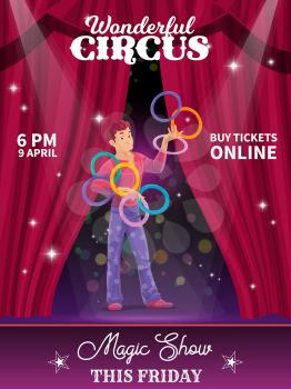 Shapito circus poster, cartoon juggler on big top tent stage with curtains and spotlight. Vector announcement flyer, artist character dressed in costume throwing rings. Magic show tricks, performance