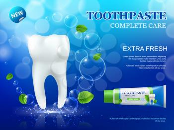 Whitening mint toothpaste and tooth, dental care and hygiene. Realistic 3d vector tooth with clean white enamel and healthy roots, green leaves of spearmint and tube of herbal paste with bubbles
