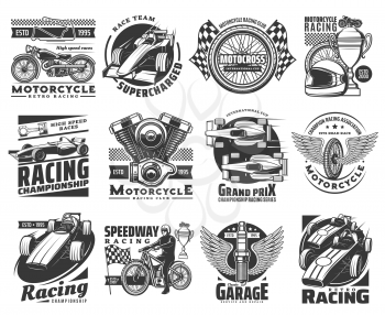 Motorcycle racing icons, car sport races and club emblems, vector. Motors championship and speedway or rally racing and custom garage signs with engine, wheel on wings and Gran Prix victory cup
