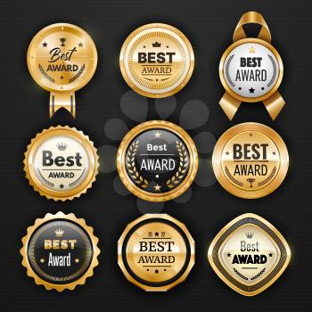 Golden award seals, medals or mark badges and labels with ribbons, laurel wreath. Best award or gold prize vector certificate seal of premium quality product with stars and winner cup, golden medals