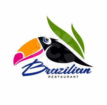 Brazilian cuisine restaurant icon with toucan bird in green leaves. Brazil food restaurant or cafe menu vector symbol or emblem with jungle exotic bird mascot and typography
