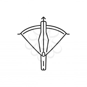 Crossbow medieval bow Swiss or Switzerland sport symbol isolated thin line icon. Vector arbalest, weapon arblast with optical sight. Hunting sport ammo, archer equipment, , arrow shooting archery gun