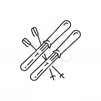 Mountain ski, sticks equipment isolated thin line icon. Vector extreme skiing tools, Alps trekking object to skate down slopes at wintertime, skier gear. Switzerland leisure winter sport activity