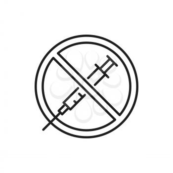 Anti vaccination, no vaccine, own healthy immune system isolated thin line icon. Vector syringe under forbidden sign. Anti-vaccination protest. Vaccine refusal. Rejecting preventive coronavirus covid