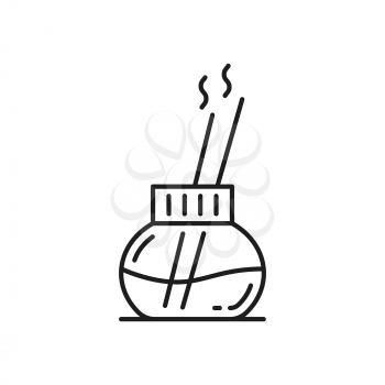 Burning stick in bottle isolated outline icon. Vector incense aroma joss sticks in clay vase, aromatic material releasing fragrant smoke when burned. Spa, aromatherapy, meditation, ceremony accessory