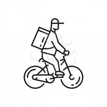 Food delivery bike isolated flat line art icon. Vector bicycle courier in cap and backpack package product box. Delivery staff, driver biker man. Shipping services and fast online order, linear sign