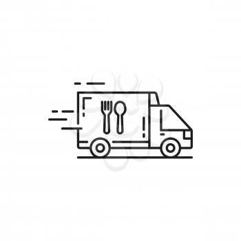 Food delivery truck van isolated flat line art icon. Vector quick express deliver transport, fastfood shipping services and fast online order, linear sign. Hot dinners and lunches shipping services
