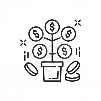 Money tree isolated thin line icon. Vector financial investments and savings, coins branches, growing up financial plant with dollar signs. Pension and retirement concept, revenue and investments