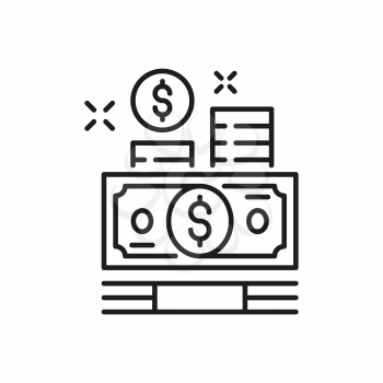 Paper bills and coins, money payments isolated thin line icon. Vector charity payments, currency and debt, business earnings. Finance banknotes, credit money transfer and transaction, investments