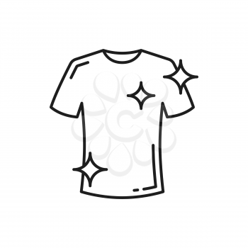 Brilliant clean white washed tshirt, whiteness and deep clean isolated thin line icon. Vector bleach spots remover, sparkling t-shirt and sparkles of cleanup elements. Laundry and laundromat sign