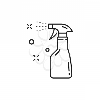 Spray bottle isolated line art icon of sprayer disinfection, cleaner pictogram. Vector antibacterial alcohol agent, sanitizer. Household chemical in outline style. Cleaning, washing and disinfection