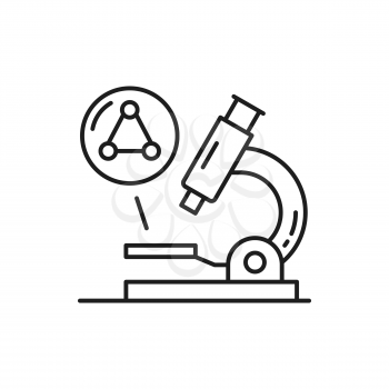 Microscope investigate genetic structure gene code isolated thin line icon. Vector cell or blood research, biotechnology and biochemistry chemical equipment. Nanotechnology and microbiology