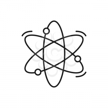Molecular atomic structure scientific research, chemistry and nuclear energy symbol isolated thin line icon. Vector quantum physics chain of atoms, neutrons, electrons and protons, orbiting molecules