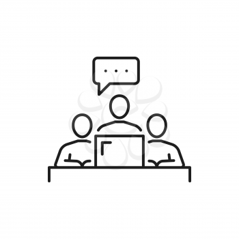 People writing message on computer isolated thin line icon. Vector chat or online support, content editors typewriters. Copywriters or writers typing text online, distance education and examination