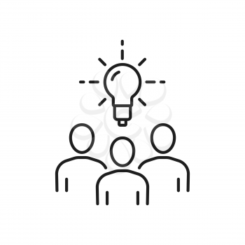 Team brainstorming, people and light bulb isolated thin line icon. Vector success managers team, creative new idea. Office staff, manager or young business startup, teamwork and cooperation