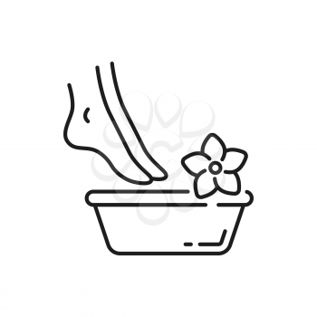 Pedicure, female feet in spa bowl with water and flower isolated outline icon. Vector woman legs massage, footcare cosmetics, barefoot lady and footbath, nails hygiene procedure. Foot treatment