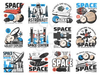 Space exploring expedition, galaxy research retro icons. Radio telescopes, astronaut and shuttle spacecraft, planets and satellites, rover engraved vector. Space academy, flight center emblems set