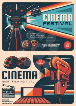 Movie film festival retro vector posters. Cinema night premiere. Vintage cinema night film festival camera and film reels, cinematography or director clapperboard in cinema theater