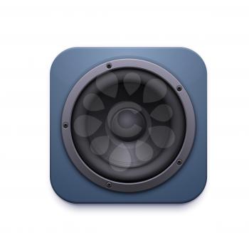 Sound speaker 3d vector icon audio music stereo system. Mobile app or application interface button with loudspeaker dynamic isolated square , music player or volume ui design
