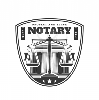 Notary service icon with court building and scales of justice, vector emblem. Lawyer or notary service office and law court or legal department sign, legislation, jurisprudence and courtroom