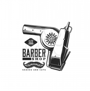 Barbershop icon with scissors, barber shop mustache shaving and beard trimming salon, vector sign. Barbershop retro trimmer and hair dryer for man and hipster haircut studio icon