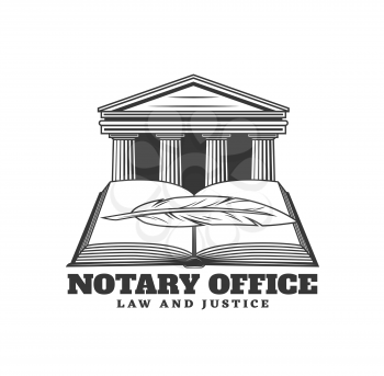 Notary service icon with building and book, vector law office design. Feather pen or quill on open book with courthouse isolated symbol of lawyer, attorney or advocate emblem, law and justice themes