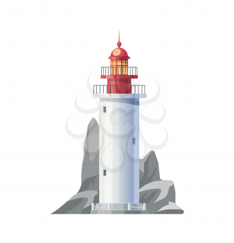Sea lighthouse icon with vector nautical navigation beacon tower. Ocean lighthouse isolated building with marine beach or seaside coast rocks, searchlight lamp or guiding lantern, marine travel