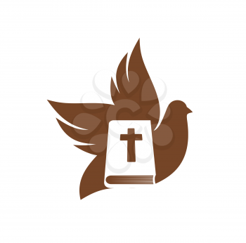 Christianity religion icon with bible and dove. Christian church, mission or community graphic vector emblem, label or icon with holly spirit symbol, book and crucifixion cross