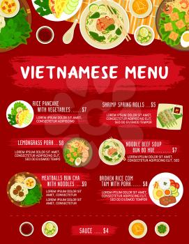 Vietnamese restaurant meals menu. rice pancake with vegetable, lemongrass pork, shrimp spring rolls, meatballs Bun Cha with noodles, broken rice Com Tam with pork, noodle beef soup Bun bo Hue vector