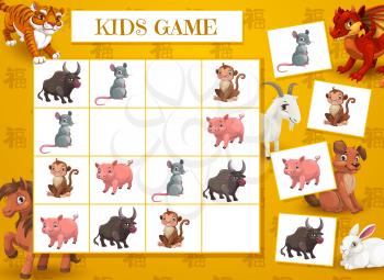 New Year crossword game for kids with Chinese zodiac animals. Children logical rebus, child educational playing activity. Tiger, bull and rat, pig, monkey and goat, hare, dog and dragon cartoon vector