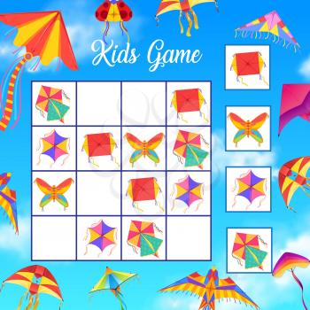 Kids crossword or logical game with paper kites. Child riddle or puzzle, children educational game, playing activity book or worksheet. Colorful kite toy in butterfly, bird and ladybug shape vector