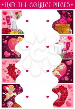 Saint Valentine day kids puzzle with flowers and cupids. Children game, holiday applique or playing activity with shape connecting task. Restaurant romantic dinner, amor and roses cartoon vector