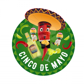 Cinco de Mayo vector icon, jalapeno in mexican sombrero playing maracas. Tequila bottle with lime, red and green chili peppers. Mariachi play music for Cinco de Mayo celebration cartoon round label
